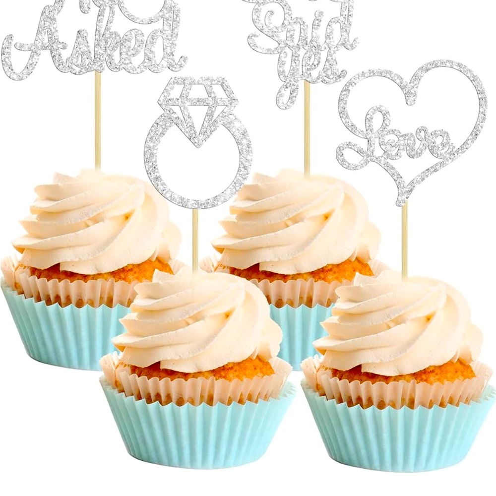 24pk silver glitter he asked she said yes cupcake topper diamond ring cake picks